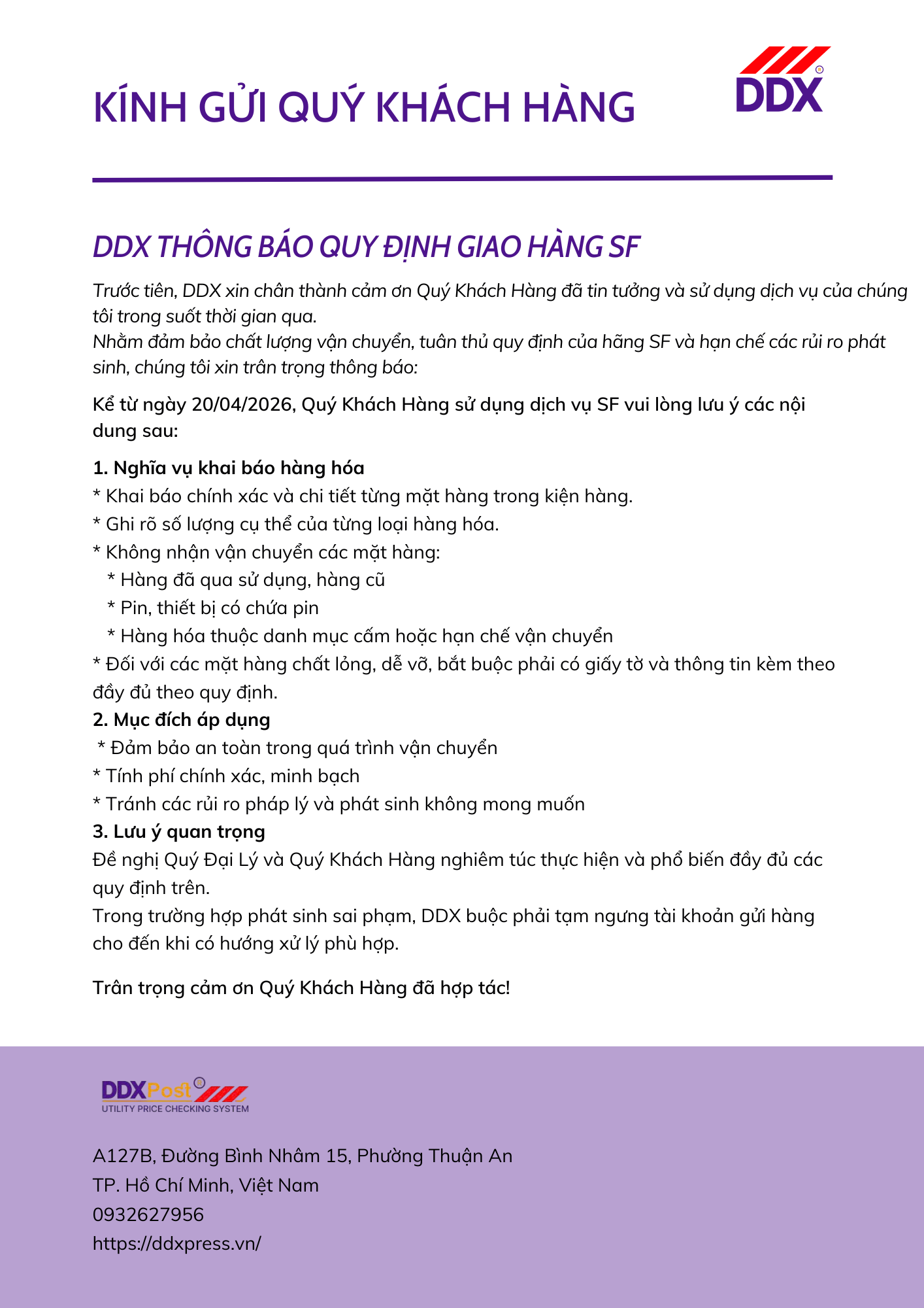 DDX thông báo quy định giao hàng SF có hiệu lực từ 20/04/2024